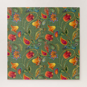 Paisley watercolor flowers, seamless Indian motif. Jigsaw Puzzle