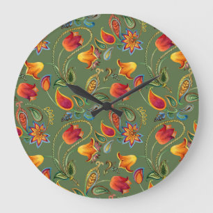 Paisley watercolor flowers, seamless Indian motif. Large Clock