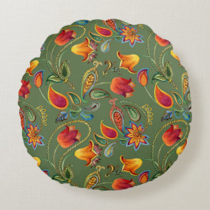 Paisley watercolor flowers, seamless Indian motif. Round Cushion