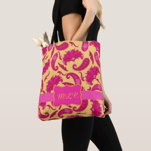 Paisley Yellow Bright Pink Monogram Personalise Tote Bag