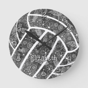 paisleys feathers flowers black gray volleyball round clock