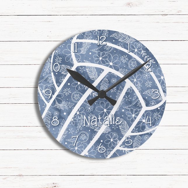 paisleys feathers flowers denim blue volleyball round clock (Creator Uploaded)