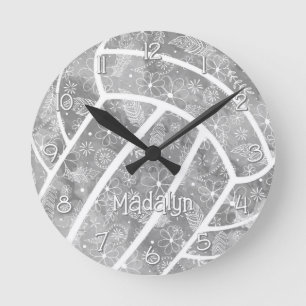 paisleys feathers flowers grey volleyball round clock