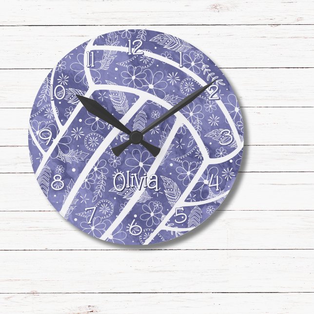 paisleys feathers flowers indigo volleyball round clock (Creator Uploaded)