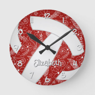 paisleys flowers doodle red boho volleyball round clock
