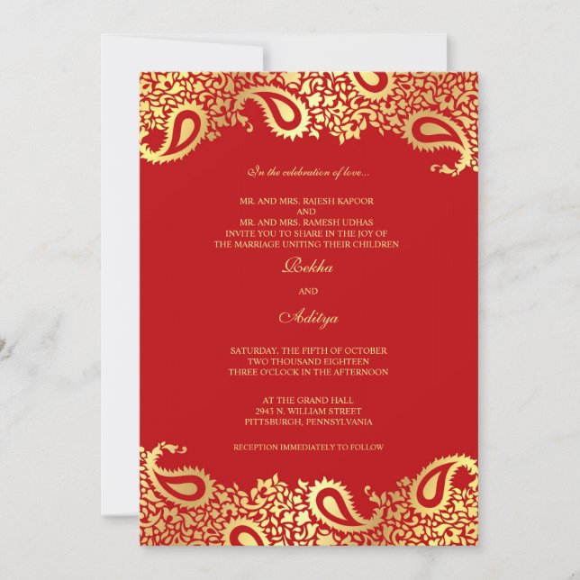 Paisleys Red Wedding Flat Invitation (Front)