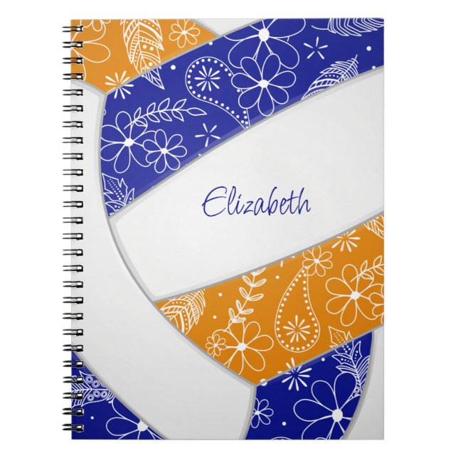 paislies feathers blue orange boho volleyball notebook (Front)