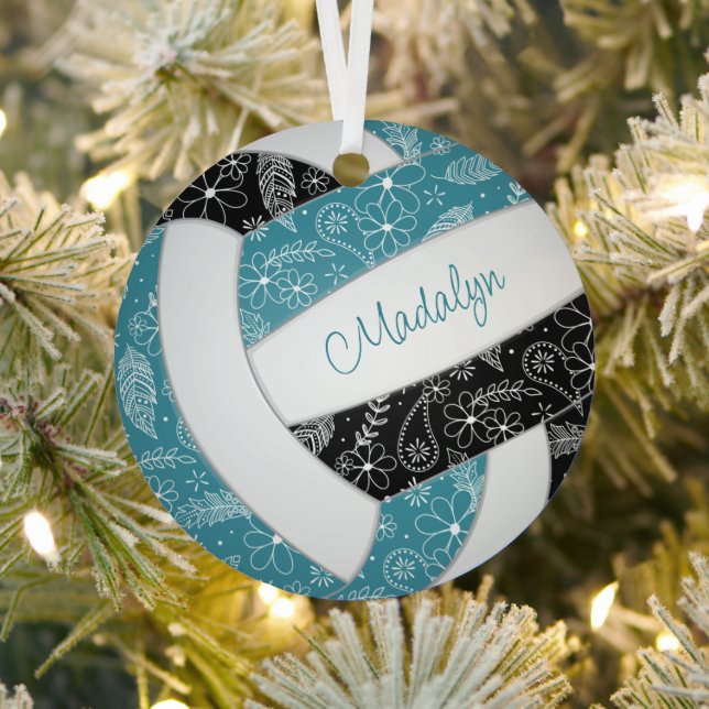 paislies feathers floral teal black volleyball metal tree decoration (Insitu)