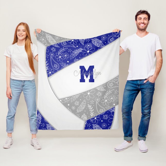 paislies feathers flowers blue grey volleyball fleece blanket (In Situ)