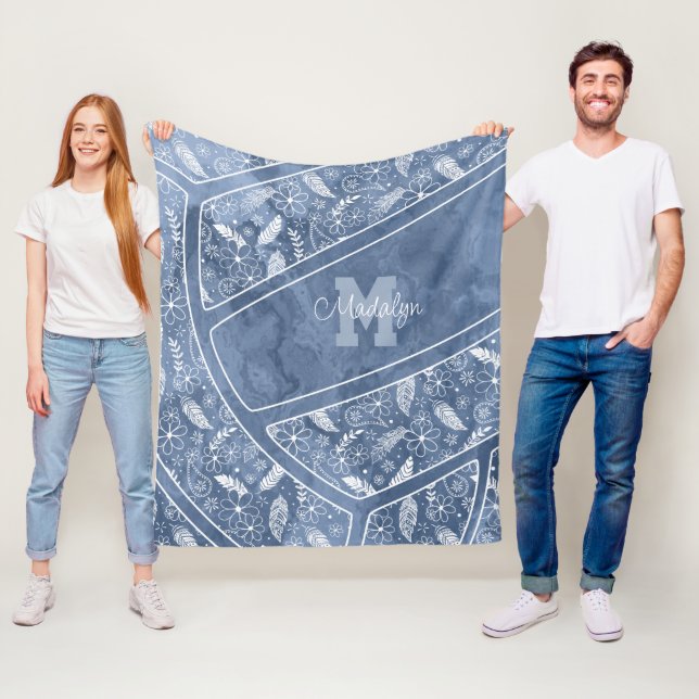 paislies feathers flowers pattern blue volleyball fleece blanket (In Situ)