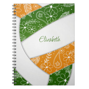 paislies feathers green orange boho volleyball notebook