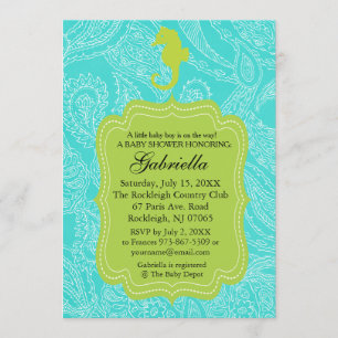 Paisly Blue Seahorse Baby Shower Invitation