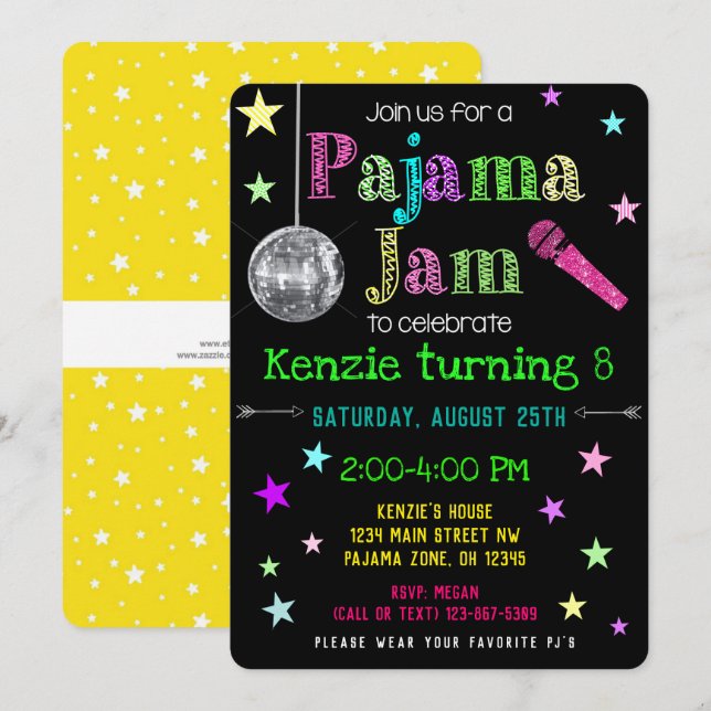 Pajama Jam Party Invite - PJ Dance Party Invite (Front/Back)