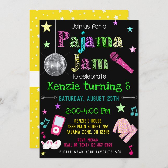 Pajama Jam Party Invite - PJ Dance Party Invite (Front/Back)