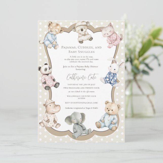 Pajama Party Animal Theme Baby Shower  Invitation (Standing Front)