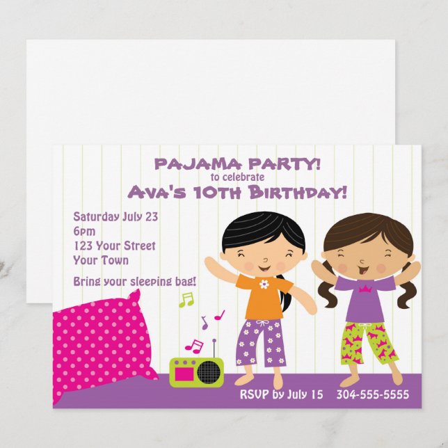 Pajama Party for Girls Invitation (Front/Back)