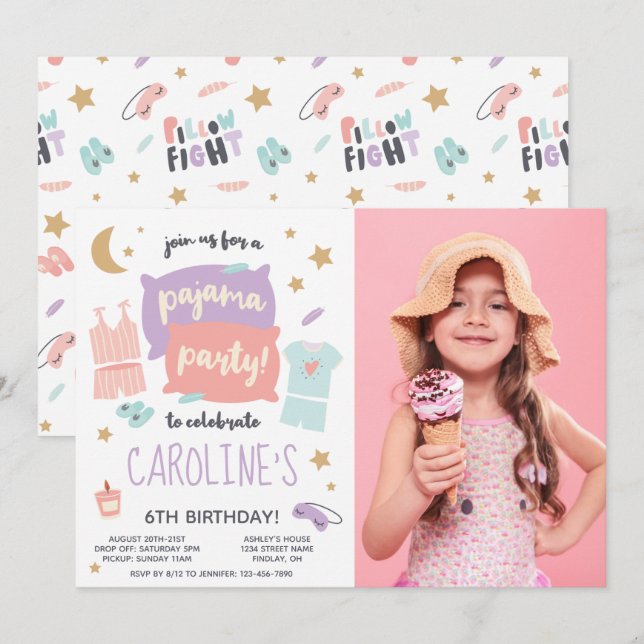 Pajama Party Girls Any Age Photo Birthday Party Invitation (Front/Back)