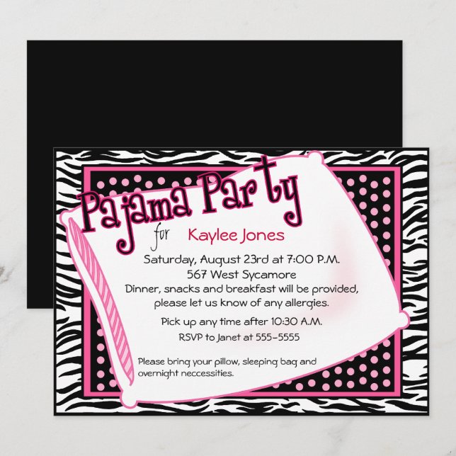 Pajama Party In Black and Pink Dots Invitation (Front/Back)