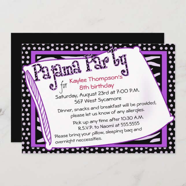 Pajama Party In Black and Purple Invitation (Front/Back)