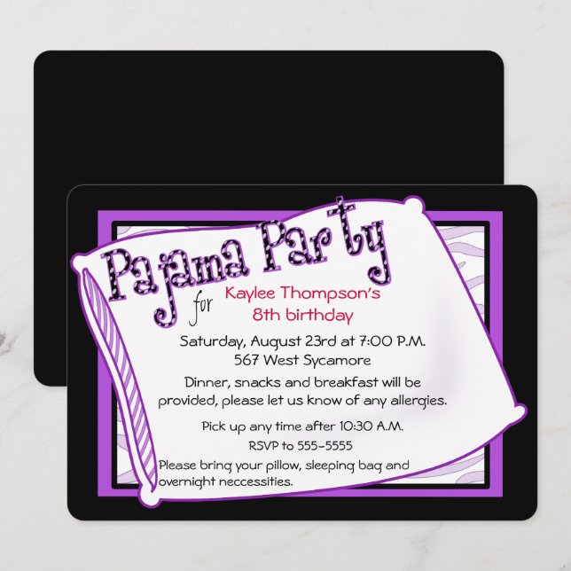 Pajama Party in Black and Purple Invitation (Front/Back)