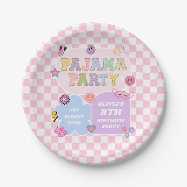 Pajama Party Preppy Varsity Patch Birthday Party Paper Plate (Front)