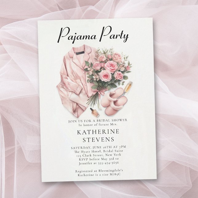 Pajama Party Slumber Roses Champagne Bridal Shower Invitation (pajama party bridal shower pj slumber sleepover champagne roses watercolor pink elegant classy)