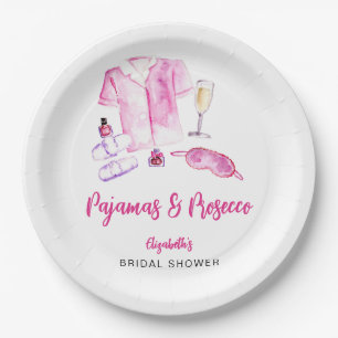 Pajamas and Prosecco Bridal Shower Pink Script  Paper Plate