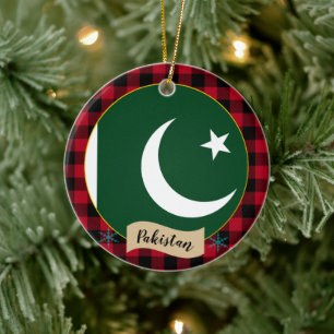 Pakistan, Red buffalo plaid & Pakistan Flag Ceramic Ornament