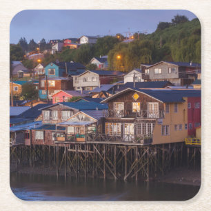 Palafito stilt houses, elevated view square paper coaster