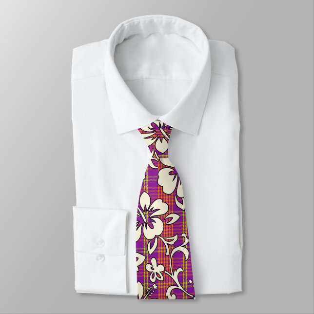 Palaka Pareau Hawaiian Check Hibiscus Print Tie (Tied)