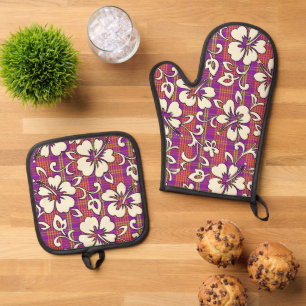 Palaka Pareau Hawaiian Check Hibiscus Violet Oven Mitt & Pot Holder Set