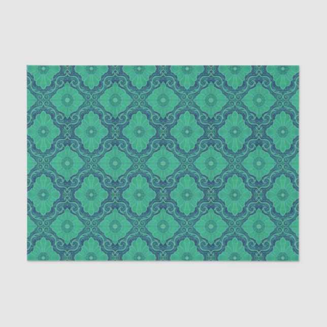 "Palatial floral" pattern in green and navy blue Tissue Paper (Front)