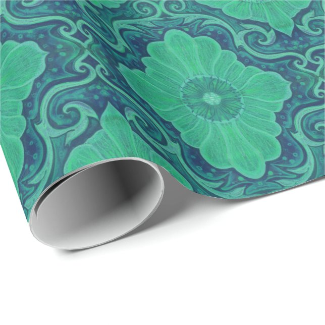 "Palatial floral" pattern in green and navy blue Wrapping Paper (Roll Corner)