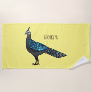 Palawan peacock pheasant bird cartoon illustration beach towel