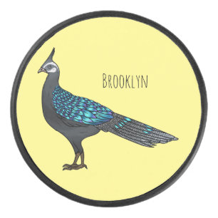 Palawan peacock pheasant bird cartoon illustration hockey puck