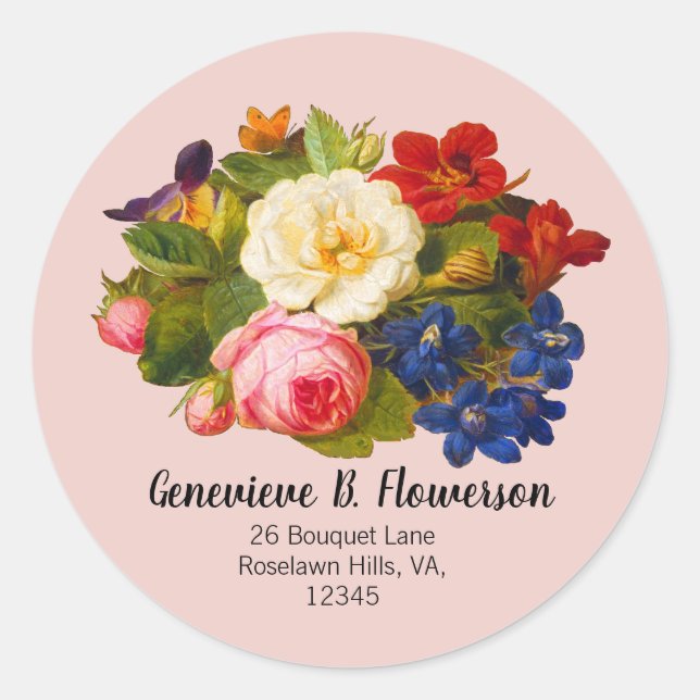 Pale Acacia White Roses Red Blue Floral Butterfly Classic Round Sticker (Front)