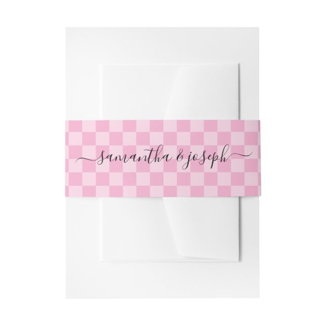Pale and Light Pink Chequered Signature Names Invitation Belly Band (Front Example)