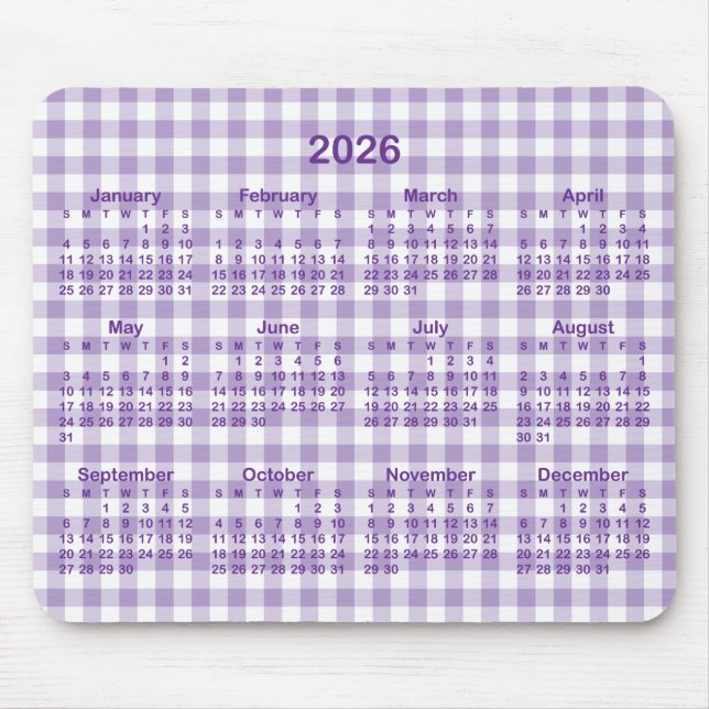 Pale and Royal Purple Gingham Plaid 2026 Calendar Mouse Pad (Front)