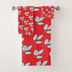 Pale Aqua Leaf With Blossoms Red Gift Bath Towel Set