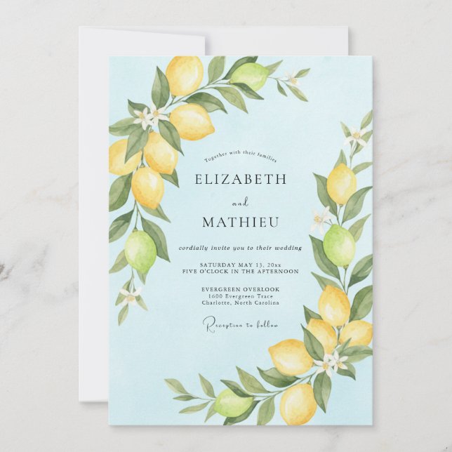 Pale Azure Citrus Eucalyptus Wedding Invitation (Front)
