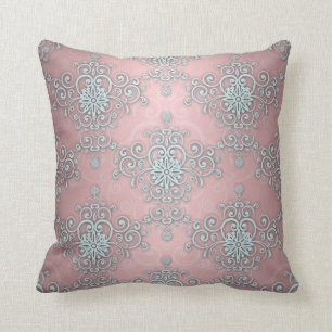 Pale Baby Blue and Pink Fancy Damask Pattern Cushion