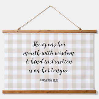 Pale Beige Gingham Calligraphy Bible Verse Text Hanging Tapestry