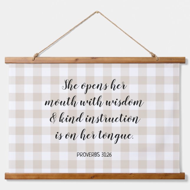 Pale Beige Gingham Calligraphy Bible Verse Text Hanging Tapestry (Front)
