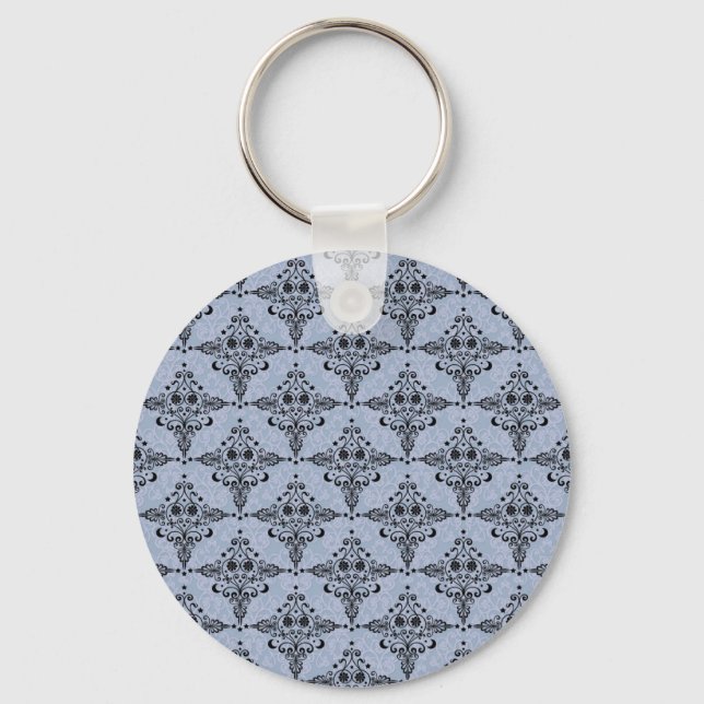 Pale Blue and Black Celestial Damask Key Ring (Front)