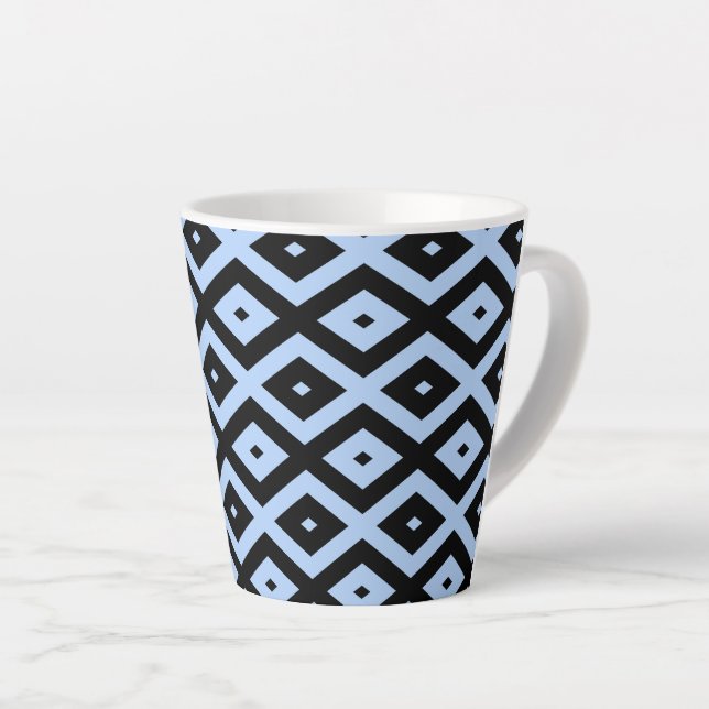 Pale blue and black diamond pattern latte mug (Right Angle)