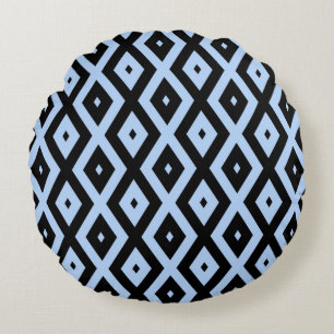 Pale blue and black diamond pattern round cushion