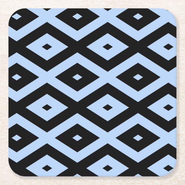 Pale blue and black diamond pattern square paper coaster (Front)