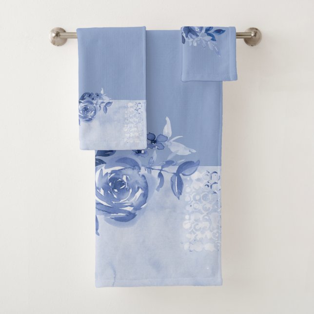 Pale Blue and Blue Roses Bath Towel Set (Insitu)