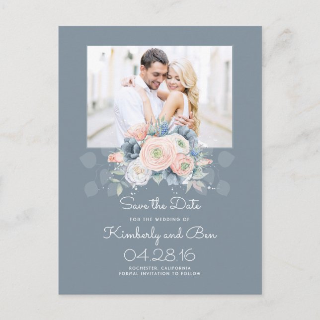 Pale Blue and Dusty Rose Floral Save the Date Announcement Postcard (Front)