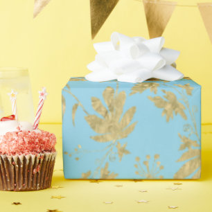 Pale Blue and Gold Coloured Plants and Leaves Wrapping Paper